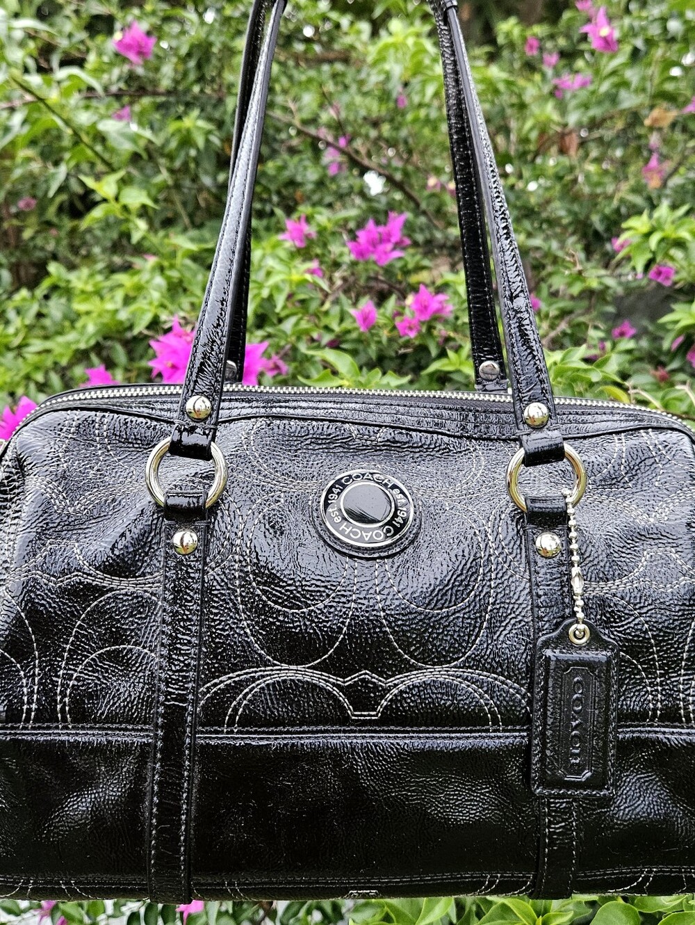 Coach F19561 Black Patent Signature Satchel & Matching Wristlet Set EUC